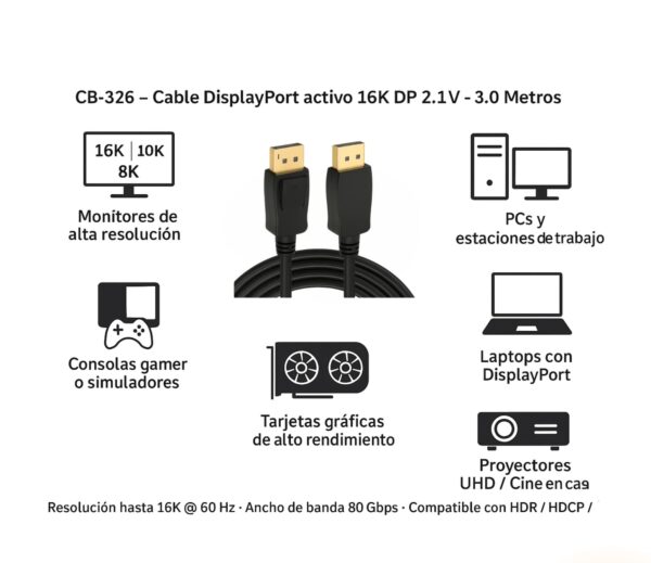 Cable DisplayPort activo 16K DP 2.1V - 3.0 Metros 